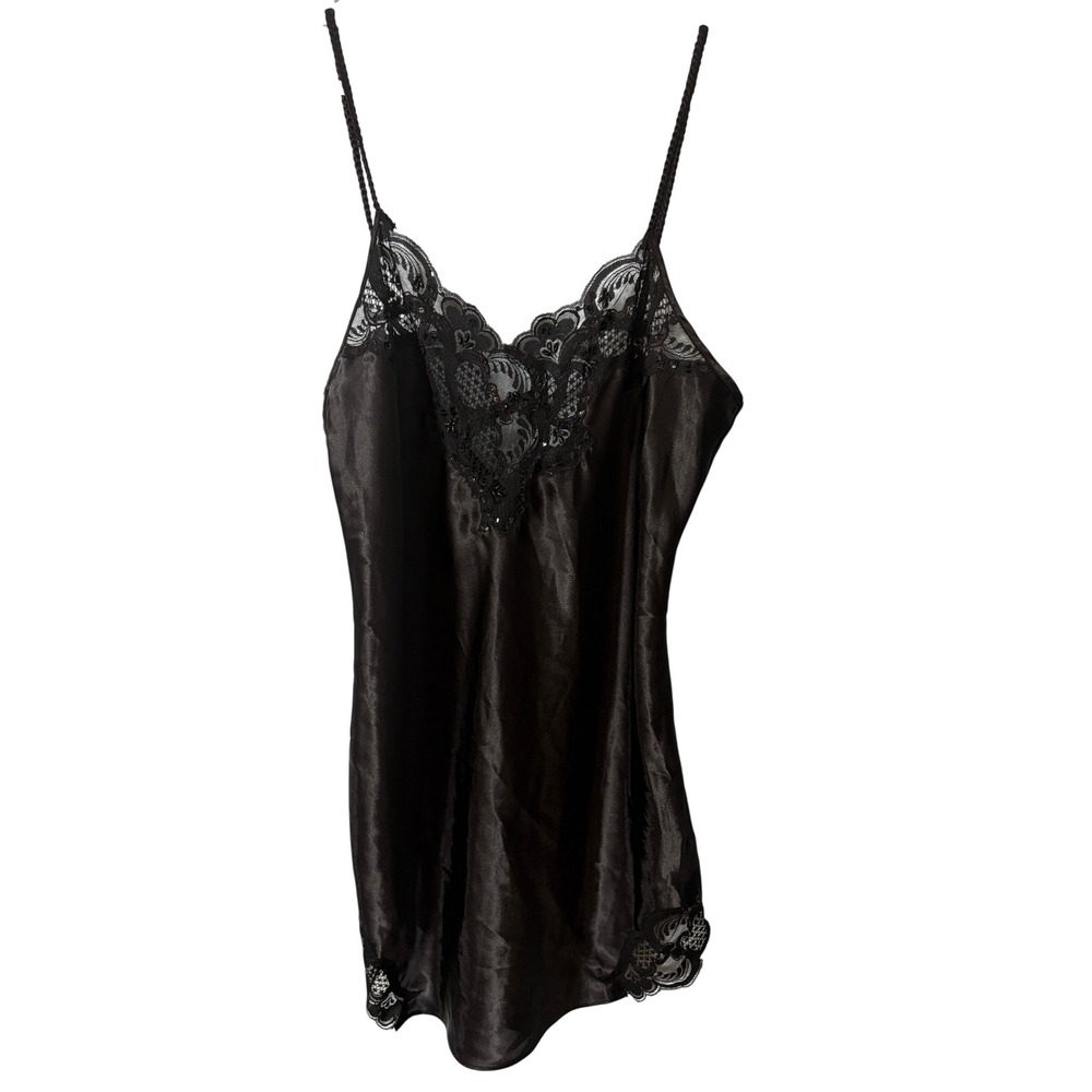 Delicates Black Satin Lace Sequin Trim Slip Dress Sleepwear Womens M Whimsigoth